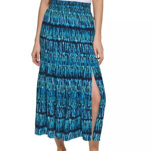 NWT $99 TOMMY HILFIGER Blue Smocked Slitted Pull On Tiered Maxi A-Line Skirt L